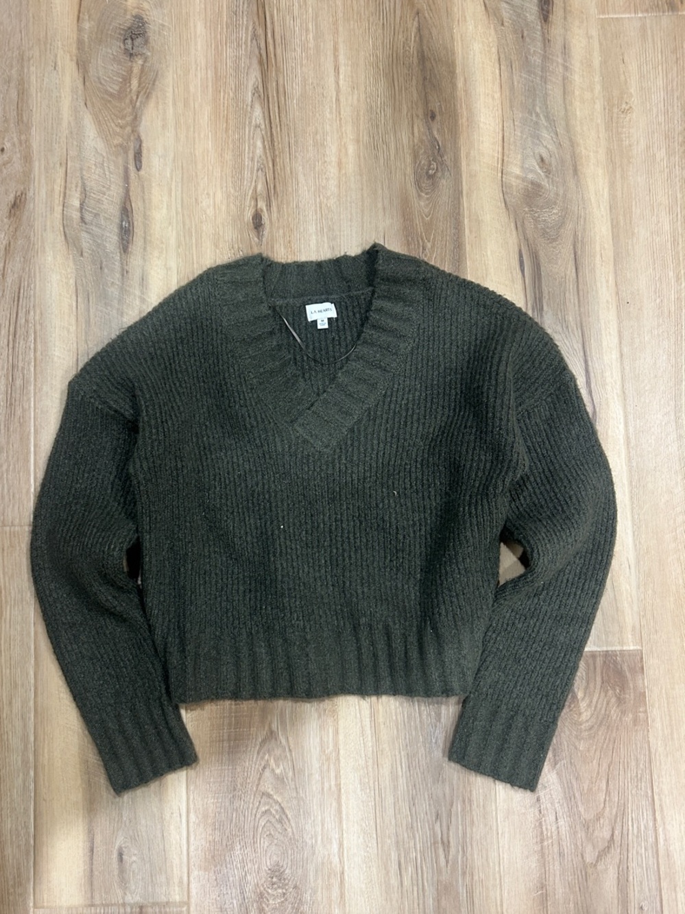 La Hearts Olive Green Ribbed V-Neck Sweater